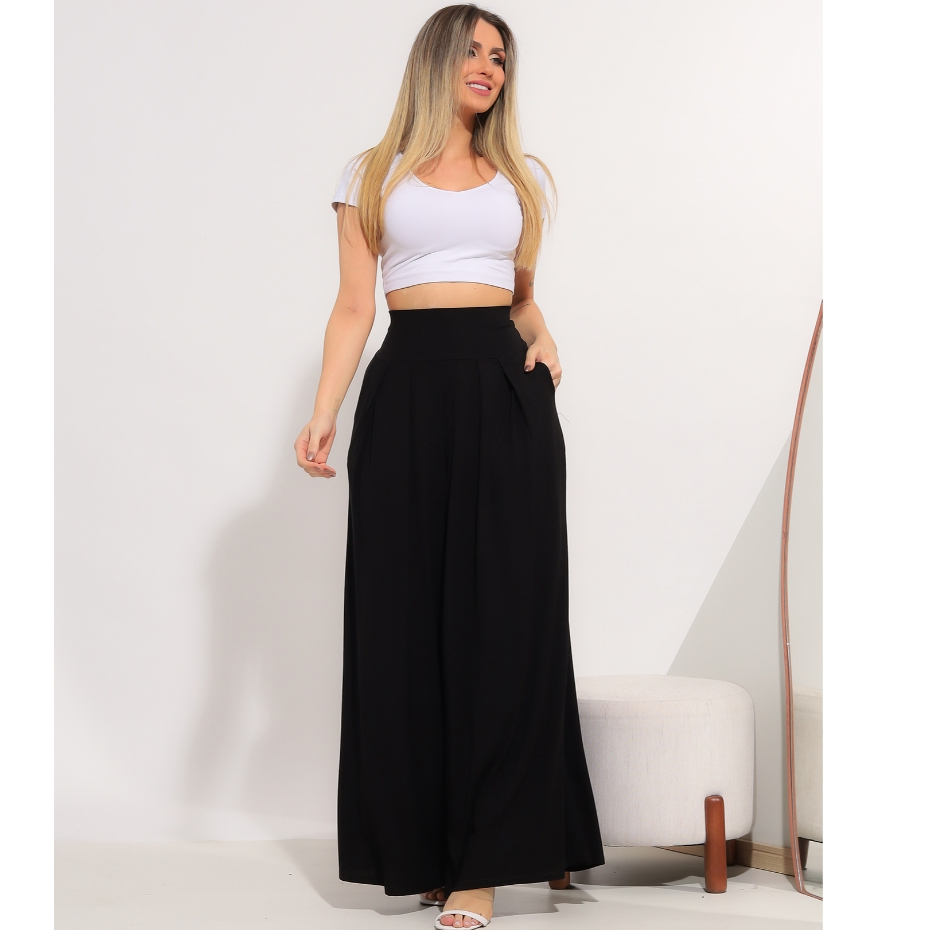 Viscose CalÃ§a Pantalona Malha Preta Sob Calça Pantalona Preta Em