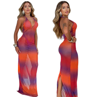 Vestido Longo Feminino Saida de Praia Transparente Justo Decote V