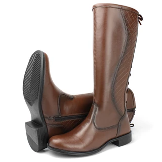 Bota Feminina Montaria Cano Alto Longo Ziper Lateral Salto Baixo Com Fivela