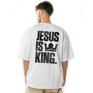 Camiseta Oversized Jesus Is King M-2 Branca Cristã Gospel Trap Hip Hop