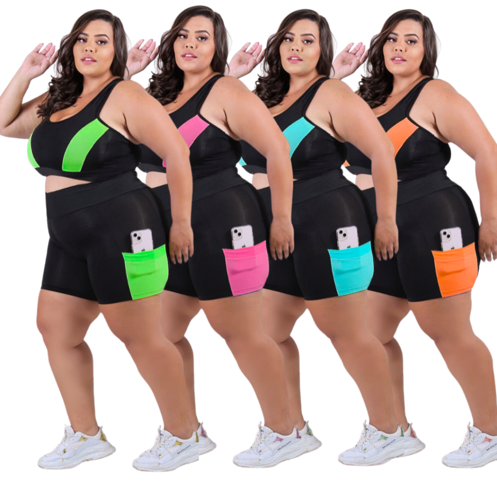 Kit 4 Conjuntos Fitness Feminino Top + Short c/ bolso Plus size G ao EXGG (40 ao 54) Modelo Curves em Oferta na Shopee