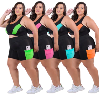 Kit 4 Conjuntos Fitness Feminino Top + Short c/ bolso Plus size G ao EXGG (40 ao 54) Modelo Curves