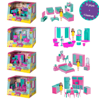 Playset Judy Home Kit Quarto Sala Cozinha Banheiro com 4 Bonecas + 31 Peças Brinquedo Infantil