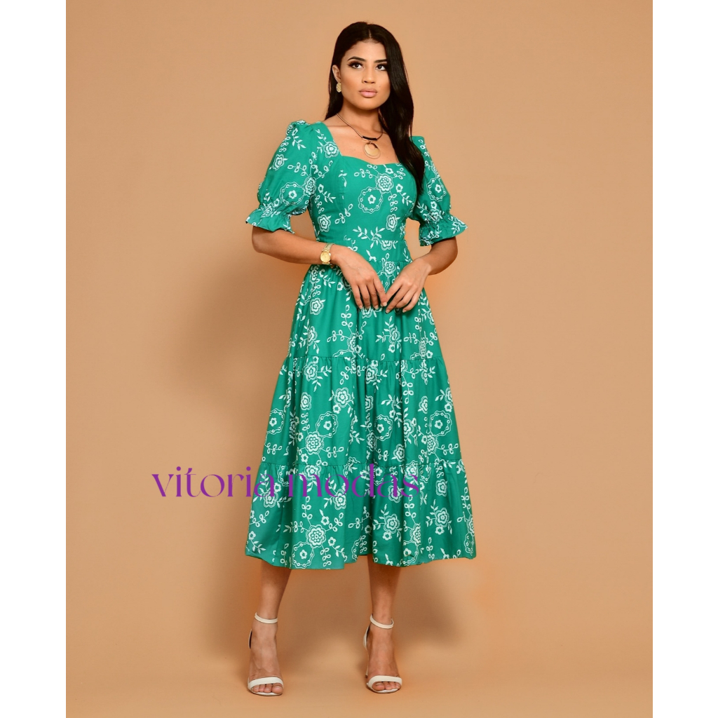 vestido midi estampado tricôline manga curta 1108