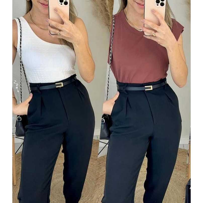 CALÇA ALFAITARIA FEMININA SOCIAL JOGGER CENOURA COM BOTAO COM BOLSO TENDENCIA FEMININA 2024 MODA