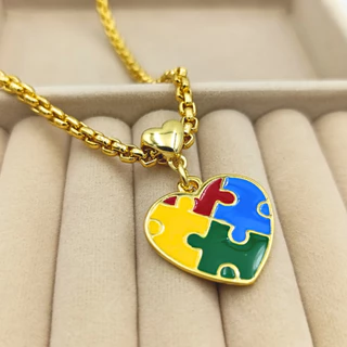 Colar Folheado a Ouro Adulto TEA com Coração Menino e Menina Símbolo do Autismo