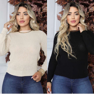 Kit com 2 Blusa Feminina Básica Tricô Gola Canoa