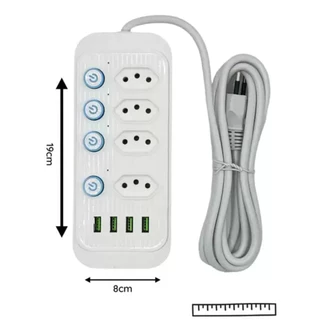 4 Tomadas e 4 USB Extensão Elétrica C/ Cabo de 2 Metros 4 Interruptores Bivolt-Promoção