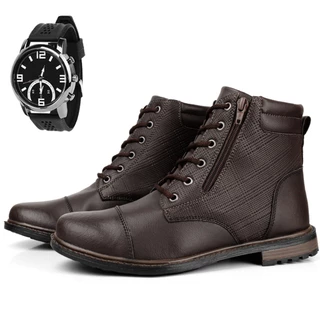 Kit Bota Coturno Masculino Adventure Trabalho Casual Promoção Botina Moderna e Relogio de Ponteiro