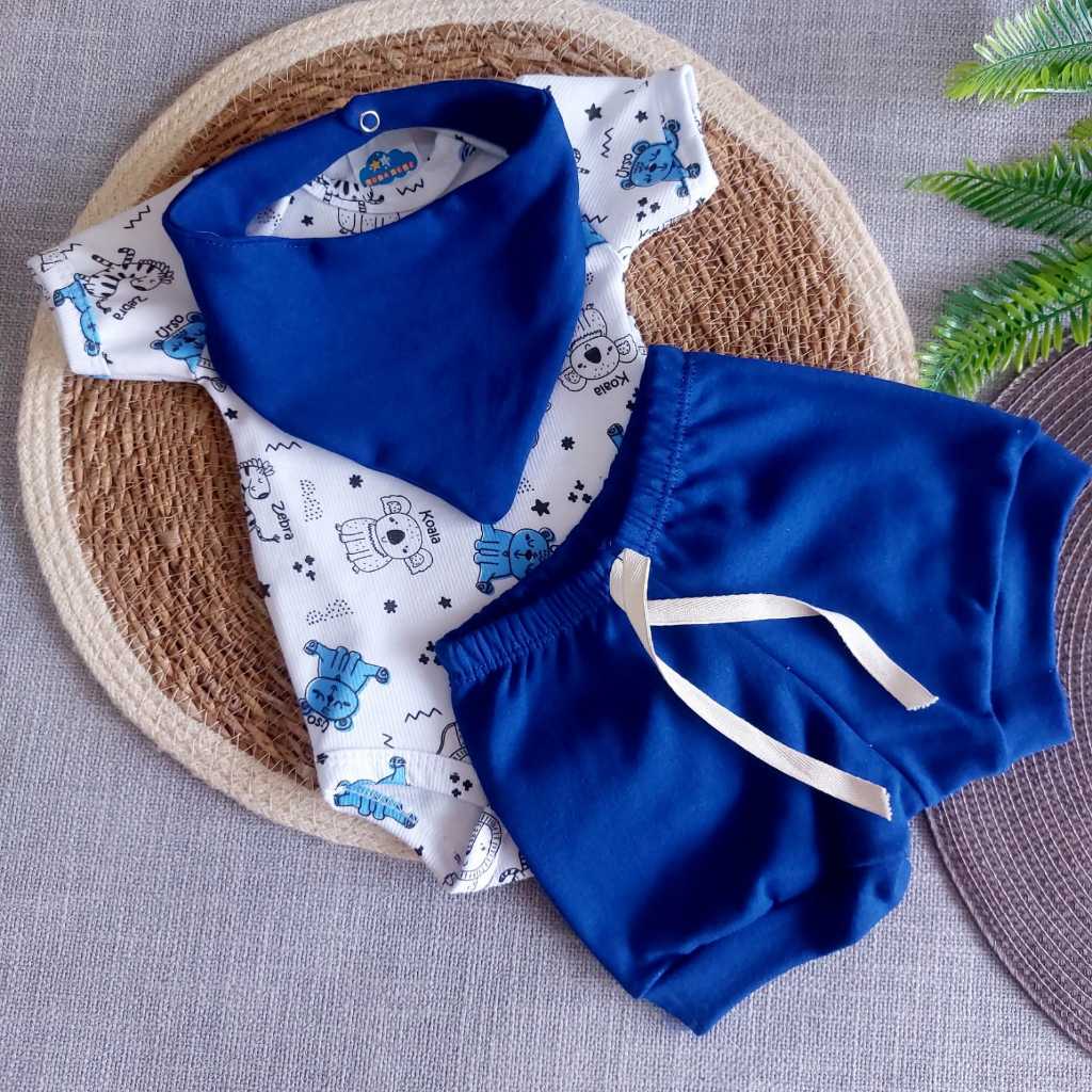 Kit de Body para Bebê Canelado Colorido Algodão Babador Short Bory RN