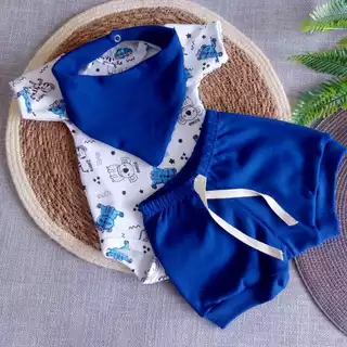 Kit de Body para Bebê Canelado Colorido Algodão Babador Short Bory RN