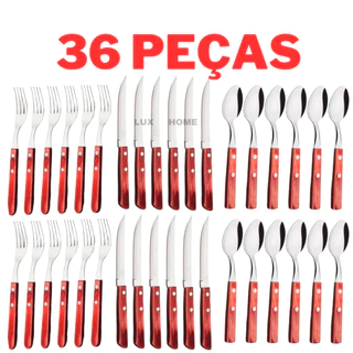 Jogo de Talheres Cozinha Aço Inox Talher Faca Garfo Grande Cabo Madeira de Serrilhada Faqueiro