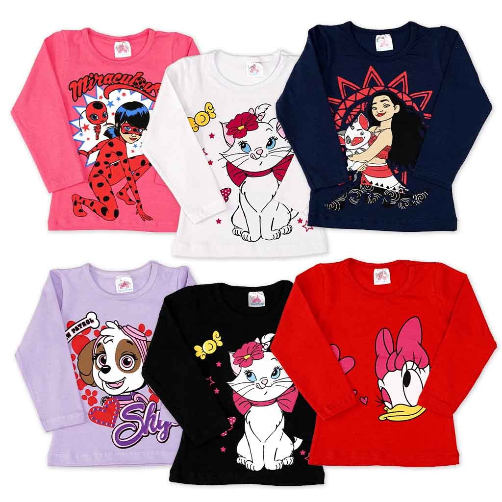 Kit 3 Blusa Manga Longa Infantil Menina Estampada Princesas/Personagem - Camiseta Inverno Feminina