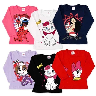 Kit 5 Blusa Manga Longa Infantil Menina Estampada Princesas/Personagem - Camiseta Inverno Feminina