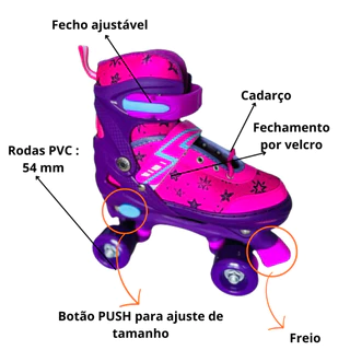 Patins Roller Quad 4 Rodas - Ajustável c/ cadarço e acessórios - DM Toys