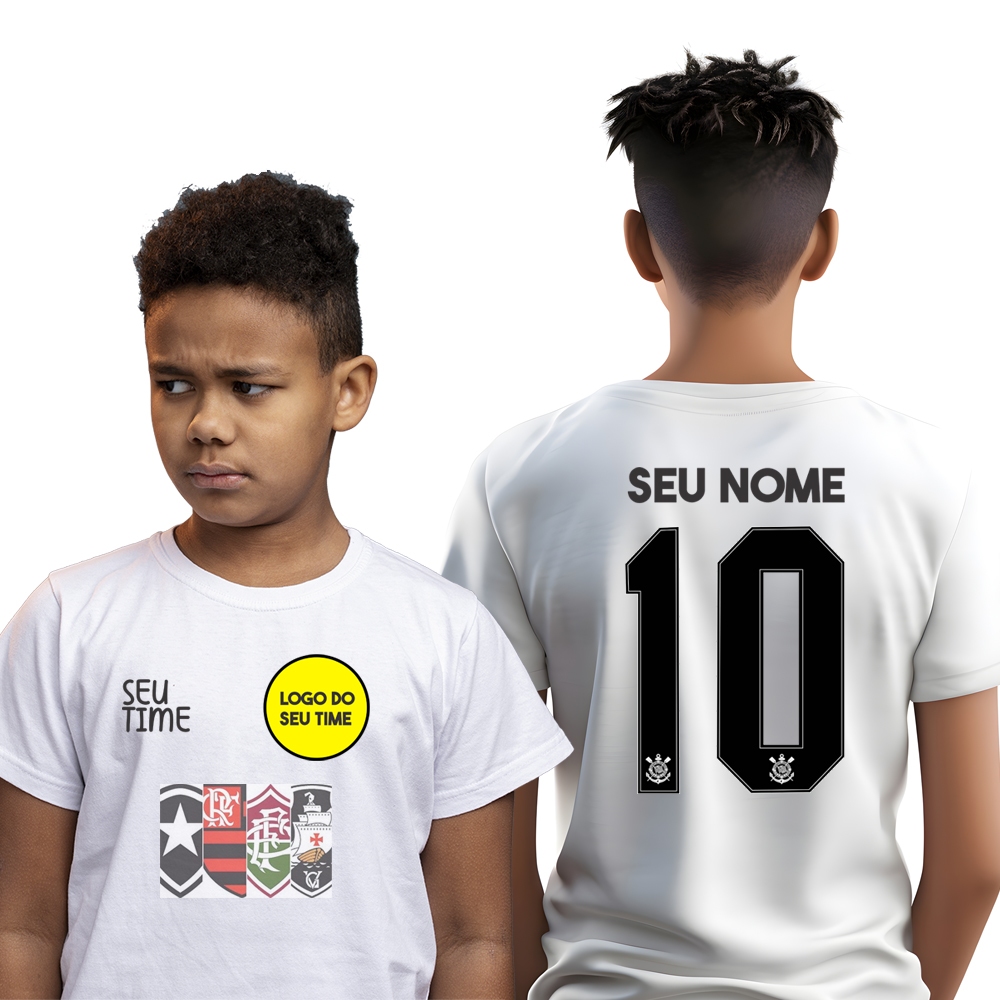 Camisa infantil personalizada - escolha o time - branca com nome e ...