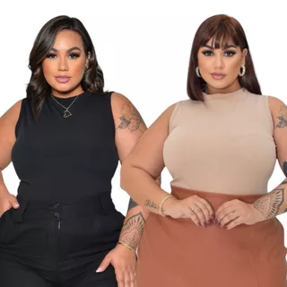 Kit 2 blusa regata canelada gola alta plus size feminina