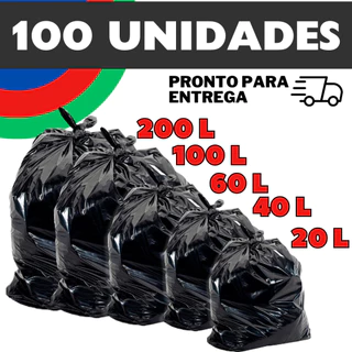 Saco de Lixo Preto Resistente com 100 UNIDADES (20L / 40L / 60L / 100L / 200L)