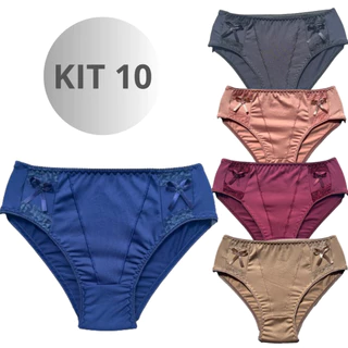 Kit 10 Calcinha Calçola Dois Laços Senhora Com Renda Cintura Alta Microfibra Plus Size Confortável