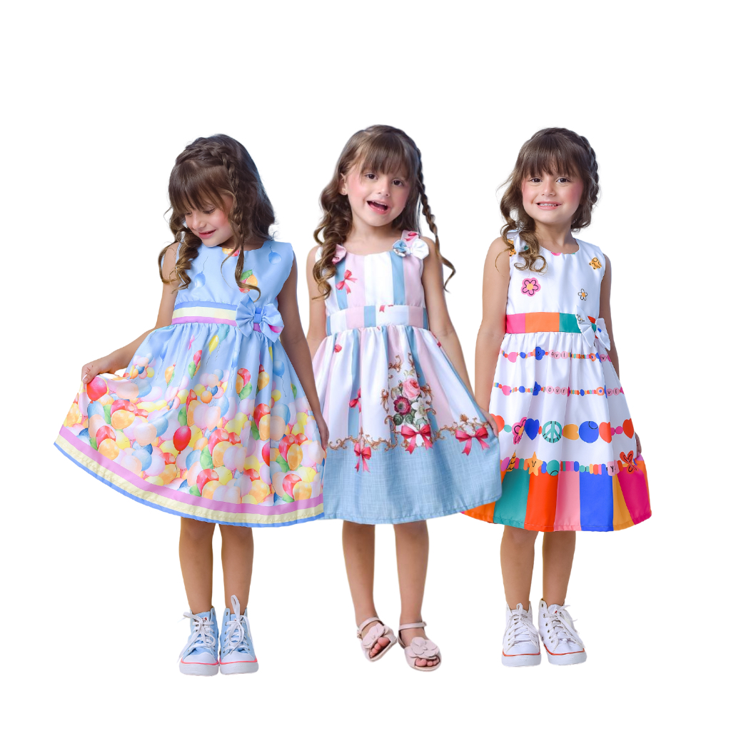 kit 3 vestidos infantis coloridos casuais