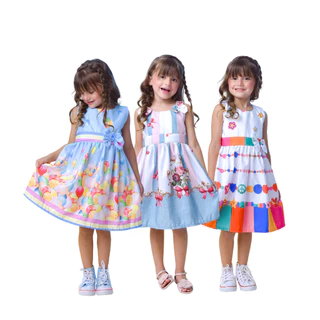 kit 3 vestidos infantis coloridos casuais