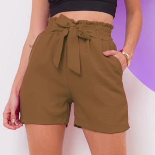 Short Curto Feminino Acinturado Com Design Clochard Alfaiataria Estilo Elegante De Cintura Alta Com Laço Na Frente E Bolsos Na Lateral Confortável Para O Melhor Da Moda No Verão Short Feminino