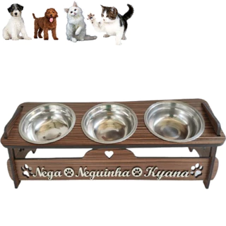 Comedouro Personalizado Triplo Elevado Com TAMPAS Para Cães/Gatos + Tigelas Inox