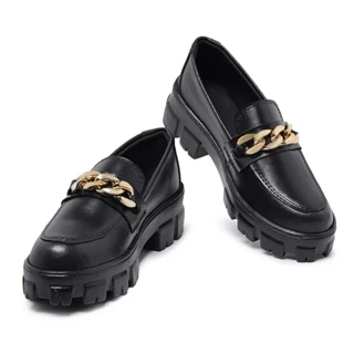 Mocassim Feminino Tratorado Oxford College Com Corrente Dourada Moda