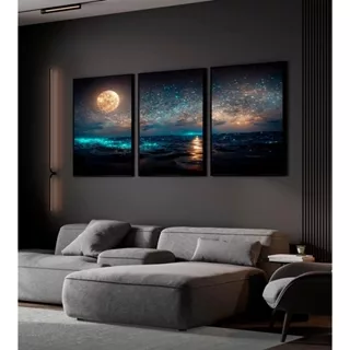 Quadro decorativo lua estrelada noite mar paisagem 3 peças sala quarto cozinha e escritório decoração