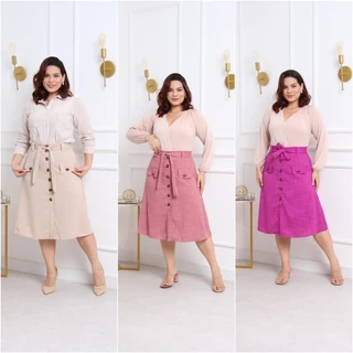 saia midi feminina plus size moda evangélica com botão em linhão