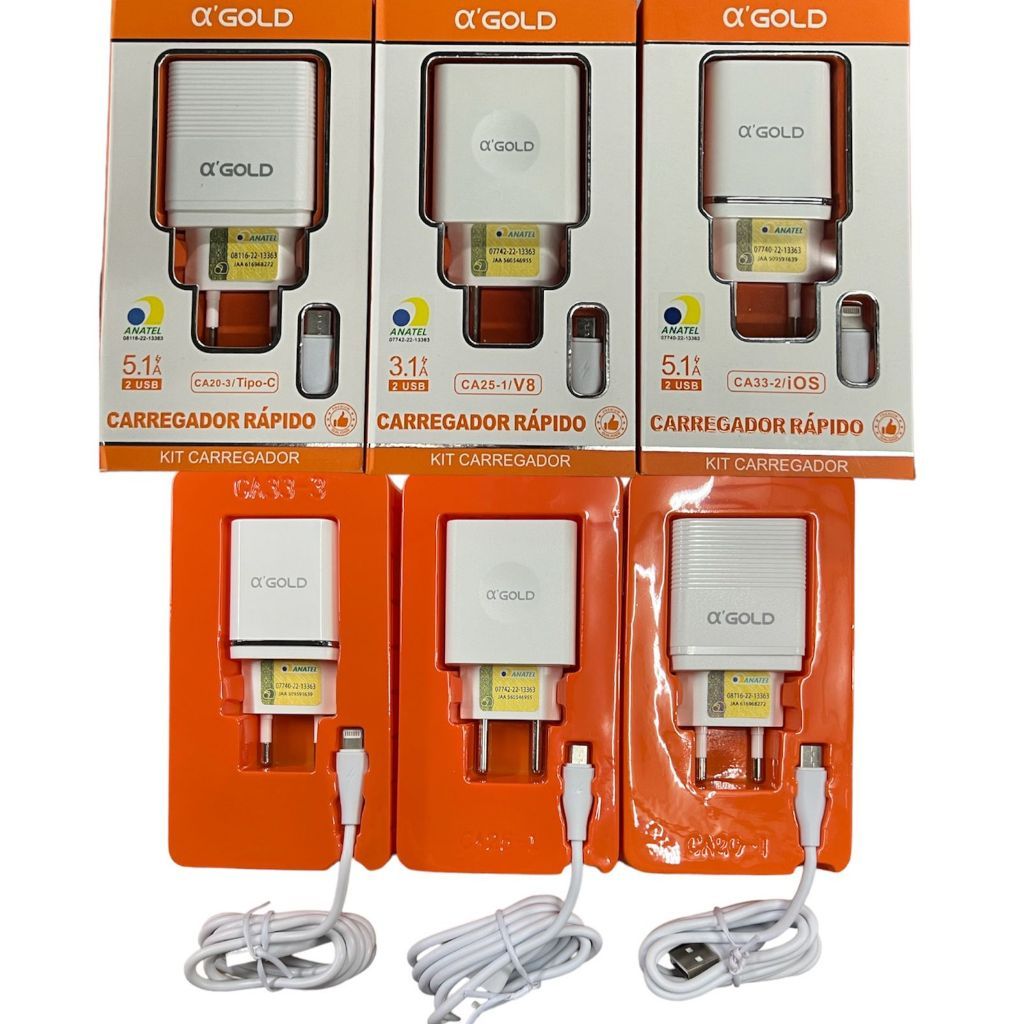 Carregador Completo 2 USB V8/TIPO C/LIGHTNING 1 Metro Carregador Rápido ...
