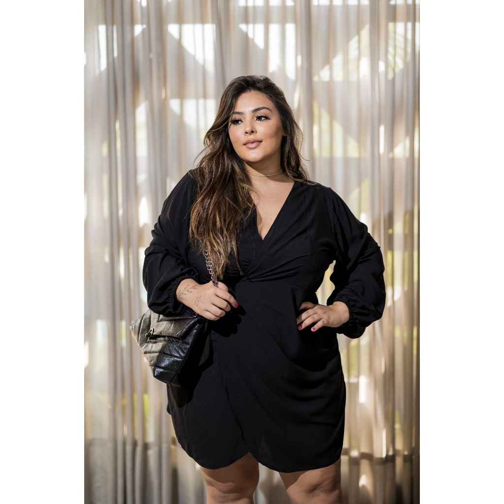 Vestido Feminino Curto Plus Size Decote Em V Manga Longa Ajustável