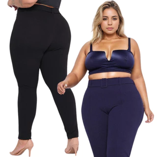 Calça Plus Size Calça Montaria Com Cinto Cintura Alta Feminina Crepe