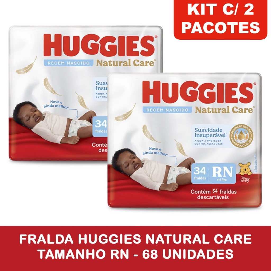 Kit 2pctes Fralda Huggies RN Natural Care até 4kg 34un - Total 68un