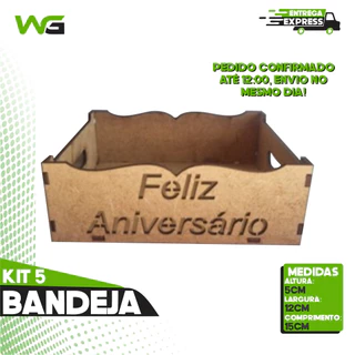 Kit 5 Bandeja P Feliz Aniversário MINI - Cesta / Caixa Em MDF cru 2.8MM - 10x15x5 CM / Lembrancinha - Decoração