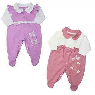 Kit 2 Macacão Bebê Menina Manga Longa Confort Malha Bordado