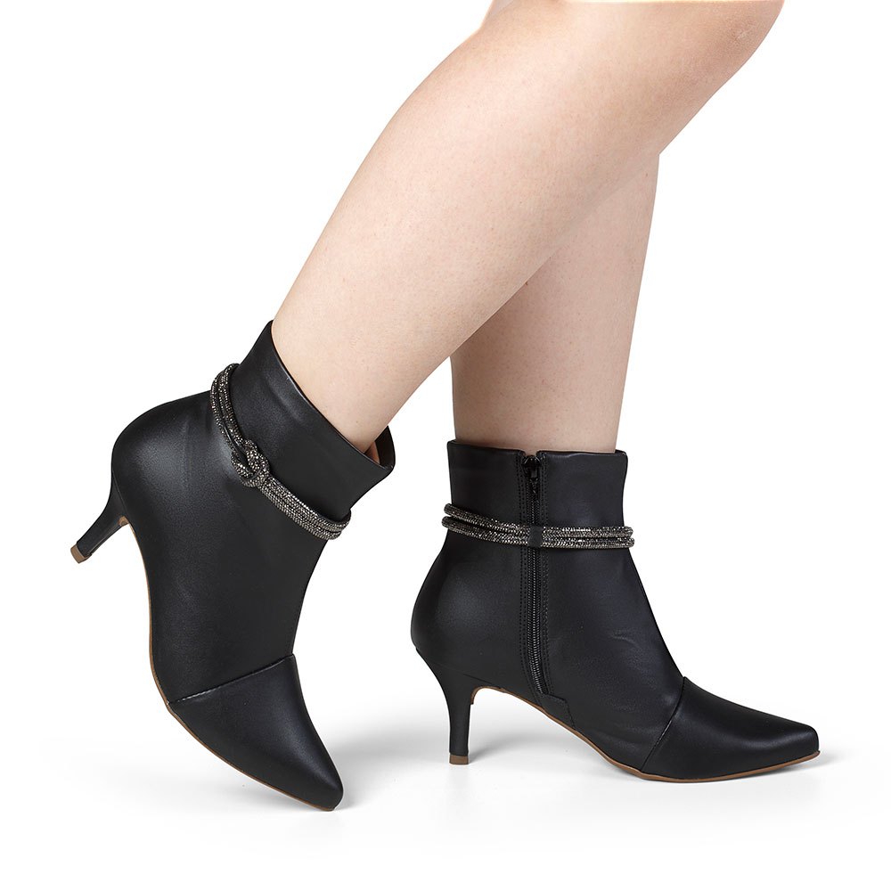 Bota Feminina salto fino baixo curto tira strass brilho social