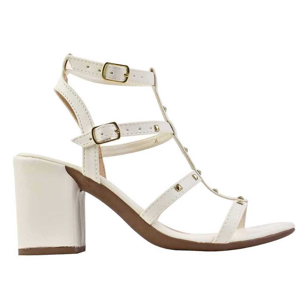 Sandália Kamarine Salto Bloco Grosso Gladiadora Duas Pulseiras Preto, DOURADA E OFF WHITE
