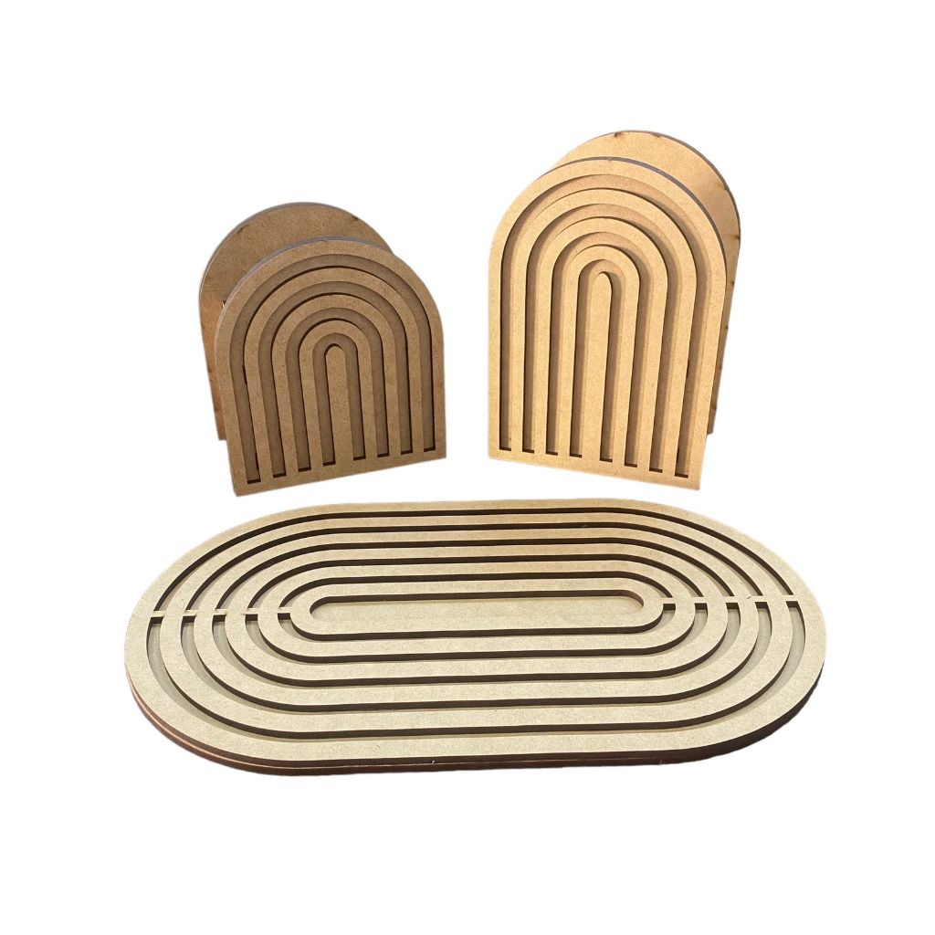 Kit espiral frisado cru bandeja e vasos 3 peças MDF