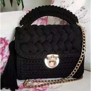 Bolsa de Ombro cor Preta Artesanal de Luxo em Fios de Malha