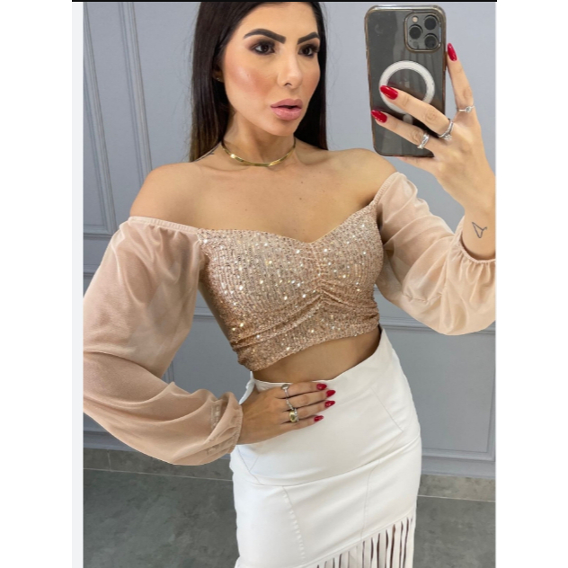 Cropped Balada Paete Brilho Roupa Plus Size Lantejoulas Bojo Manga ...