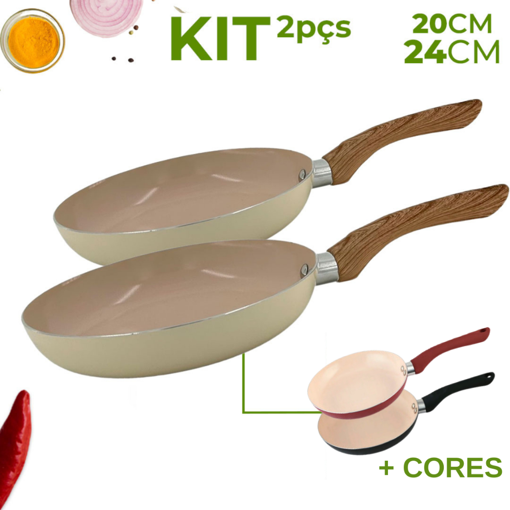 Kit 2 Frigideira Antiaderente de Alumínio Com Revestimento Cerâmico Premium 24cm 20cm Frigideira Funda Com Cabo de Madeira Não Gruda