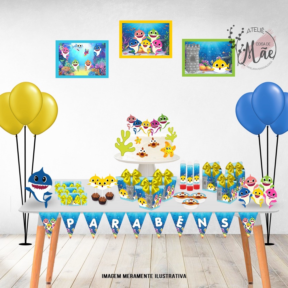 70 ITENS KIT FESTA EM CASA TEMA BABY SHARK ( ENVIO RAPIDO 48H) COM NOME ...