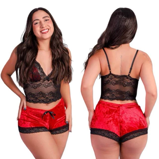 Baby Doll Sexy Veludo Short Doll Cropped Renda Sensual Pijama Feminino Lingerie Veludo Luxo Renda Short Doll Veludo Sexy em Oferta na Shopee