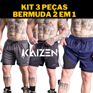 kit 3 ou 1 Bermuda masculina academia 2 em 1 com bolso interno para celular e porta camiseta