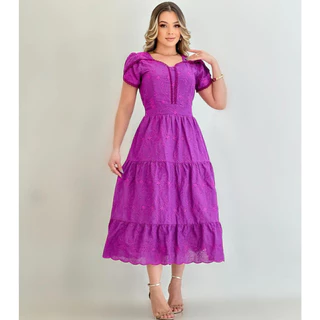 Vestido midi luxo lese bordado algodão manga curto 0127