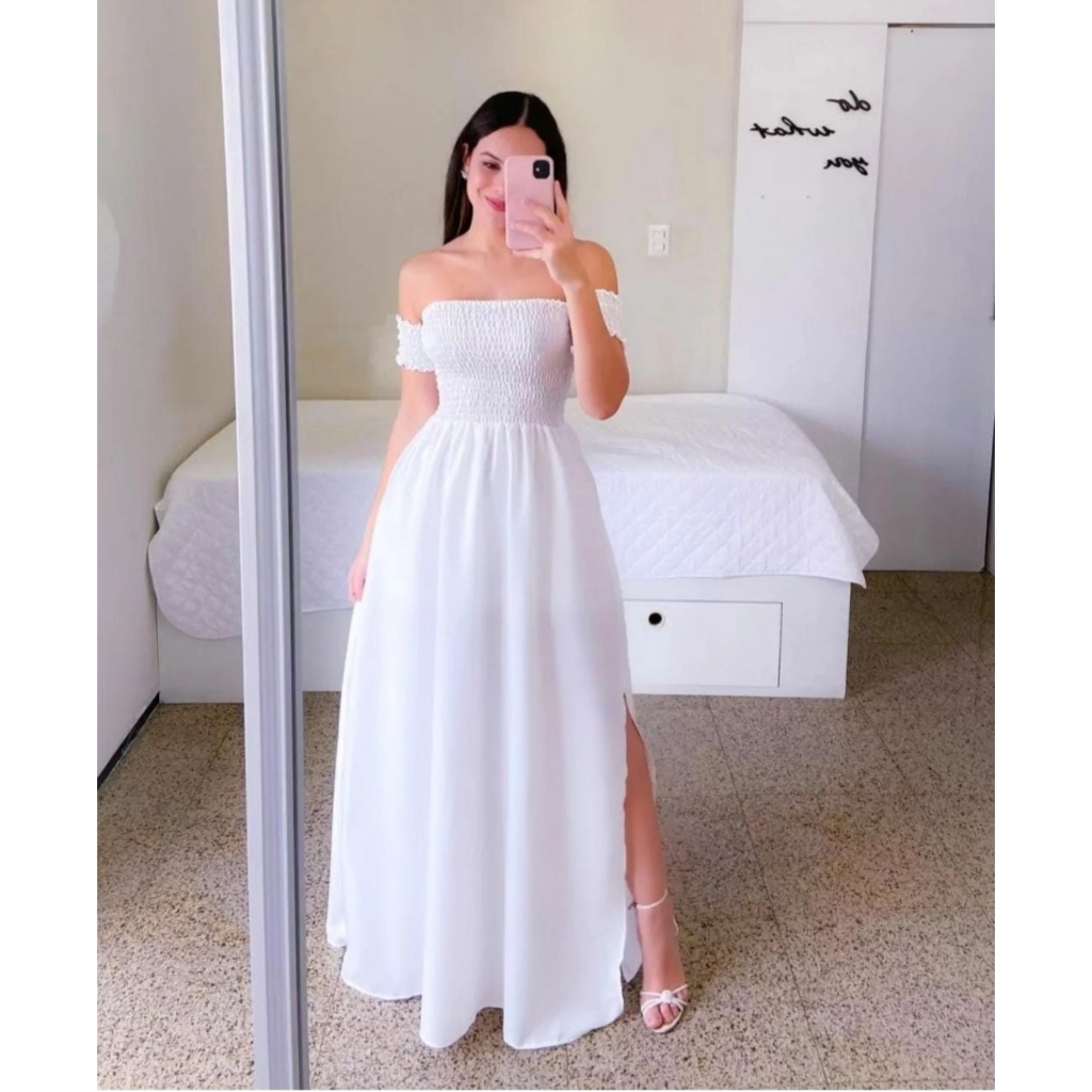 Vestido longo modelo ciganinha, tecido Dunas várias cores disponíveis.