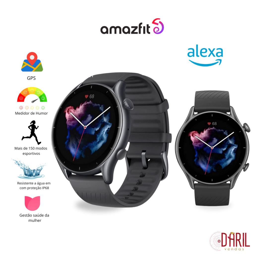 Relógio Masculino Smartwatch GTR 3 Tela AMOLED Sensor Biométrico Preto 46mm - Amazfit Original