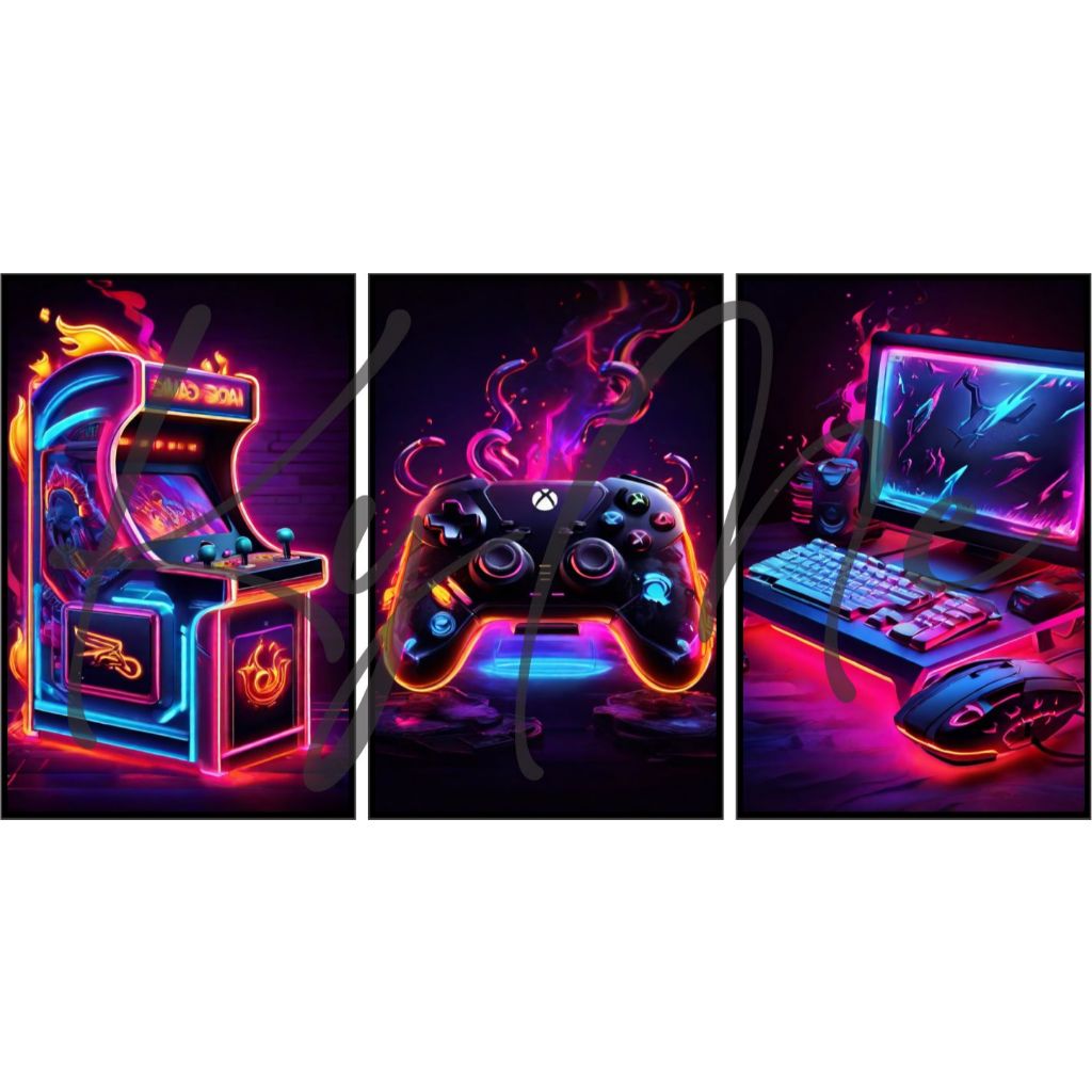 kit quadros decorativos fliperama pc gamer e controles coloridos para quartos game