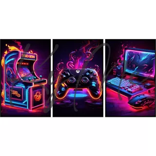 kit quadros decorativos fliperama pc gamer e controles coloridos para quartos game